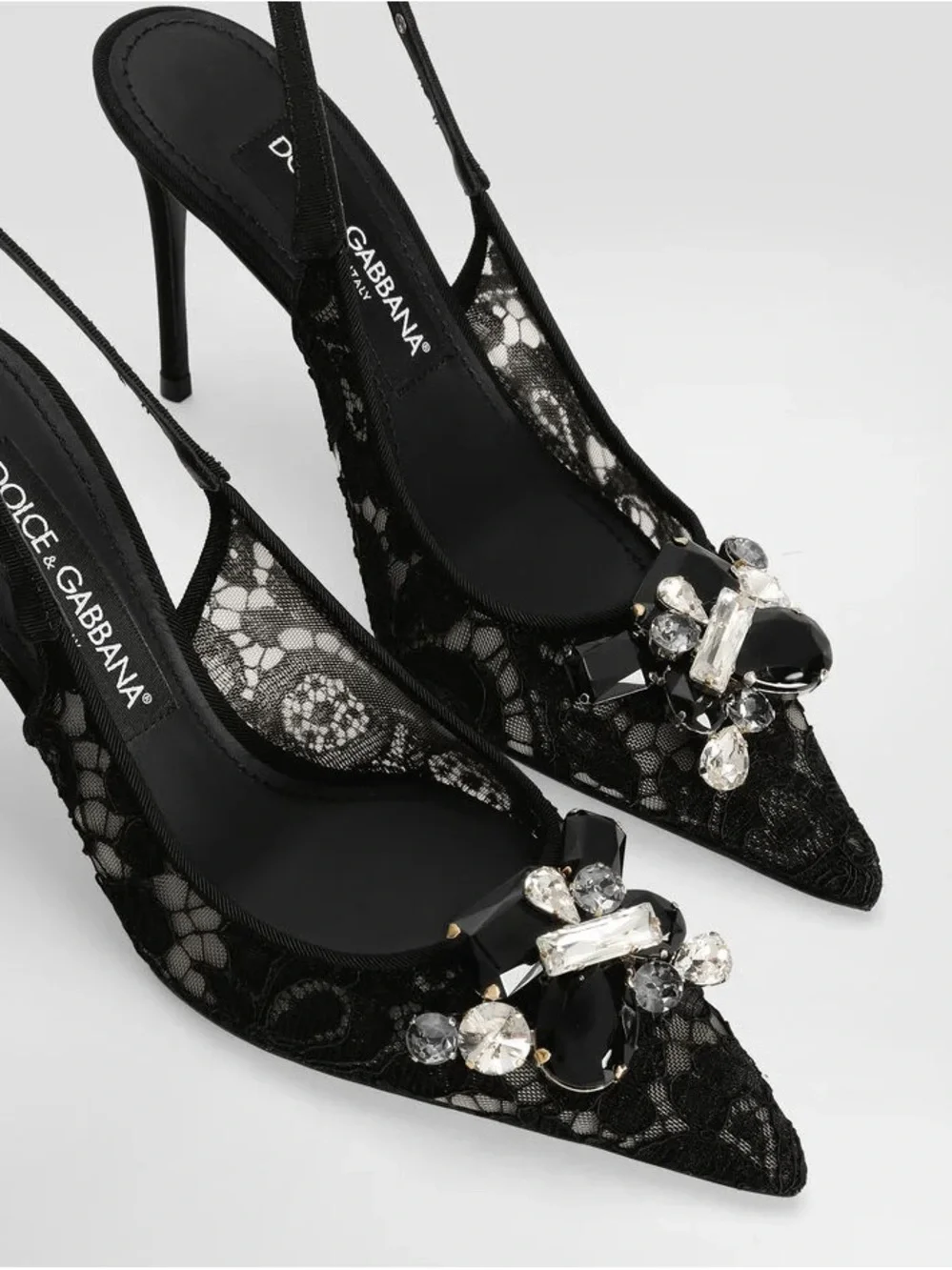 Dolce & Gabbana Black Lace Slingback Pumps with Crystal Brooch - Picture 2 of 2